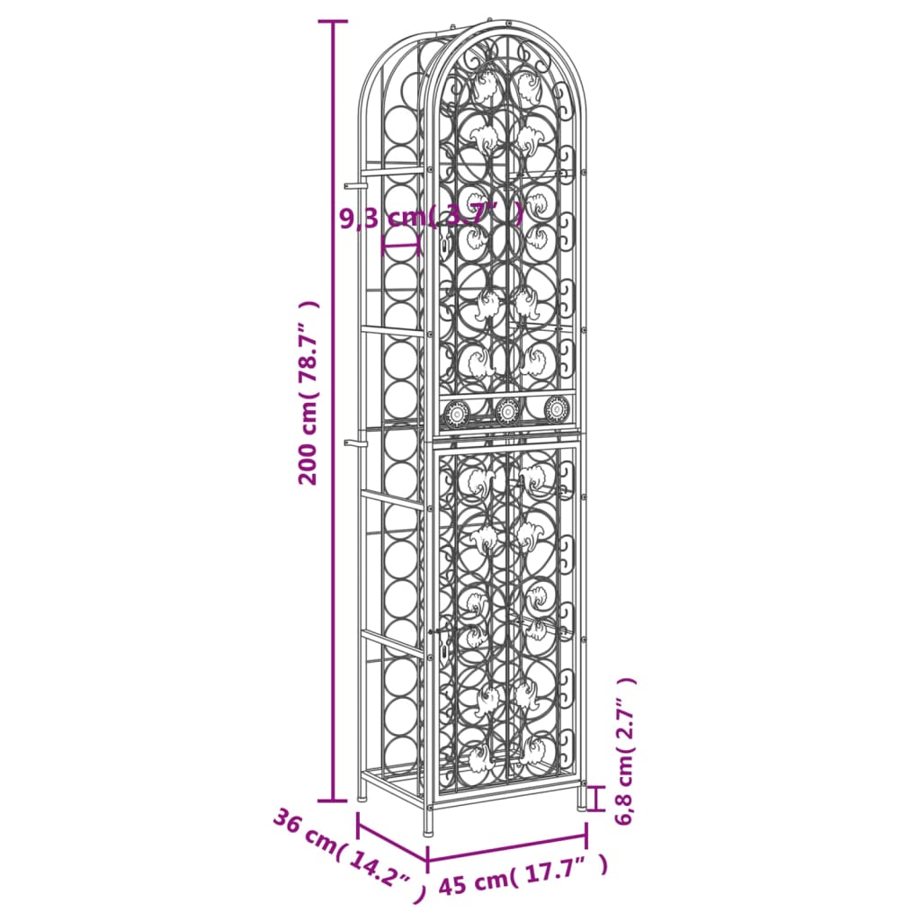 vidaXL Ραφιέρα Κρασιών 73 Μπουκ. Μαύρη 45x36x200 εκ. Σφυρήλατο Σίδερο