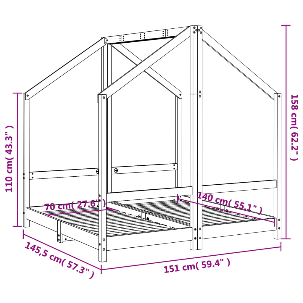 vidaXL Πλαίσιο Κρεβατιού Μαύρο 2x(70x140) εκ. από Μασίφ Ξύλο Πεύκου
