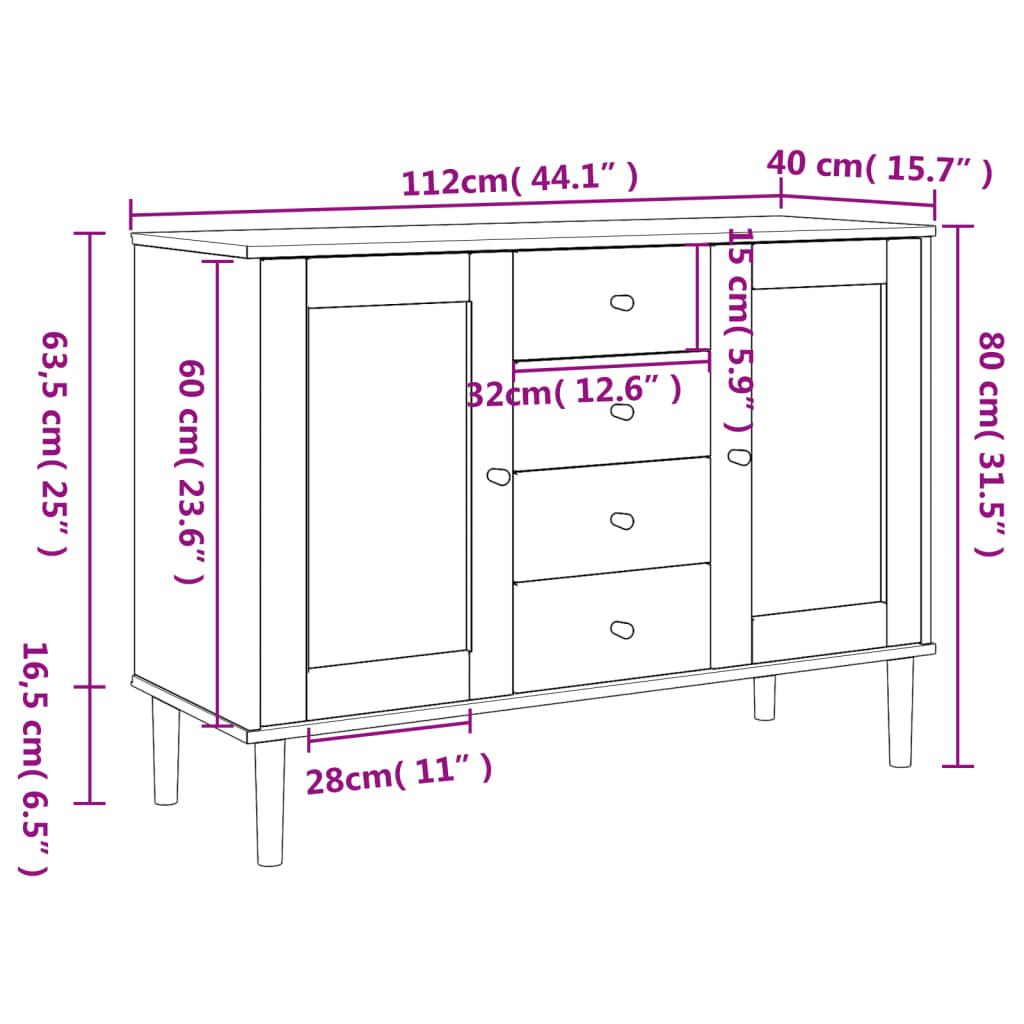 vidaXL Μπουφές SENJA Μαύρο / Ρατάν 112 x 40 x 80 εκ. Μασίφ Ξύλο Πεύκου