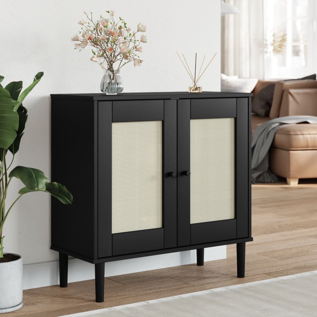 vidaXL Μπουφές SENJA Μαύρο / Ρατάν 80 x 35 x 80 εκ. Μασίφ Ξύλο Πεύκου