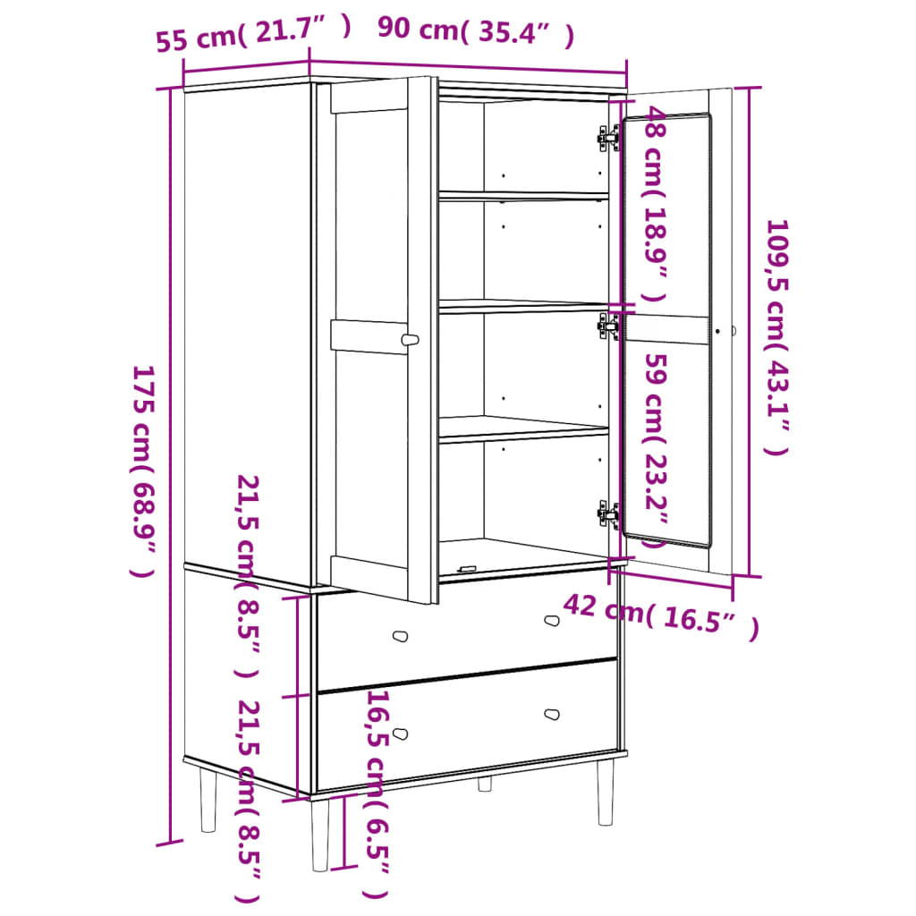 vidaXL Ντουλάπα SENJA Λευκό / Ρατάν 90 x 55 x 175εκ. Μασίφ Ξύλο Πεύκου