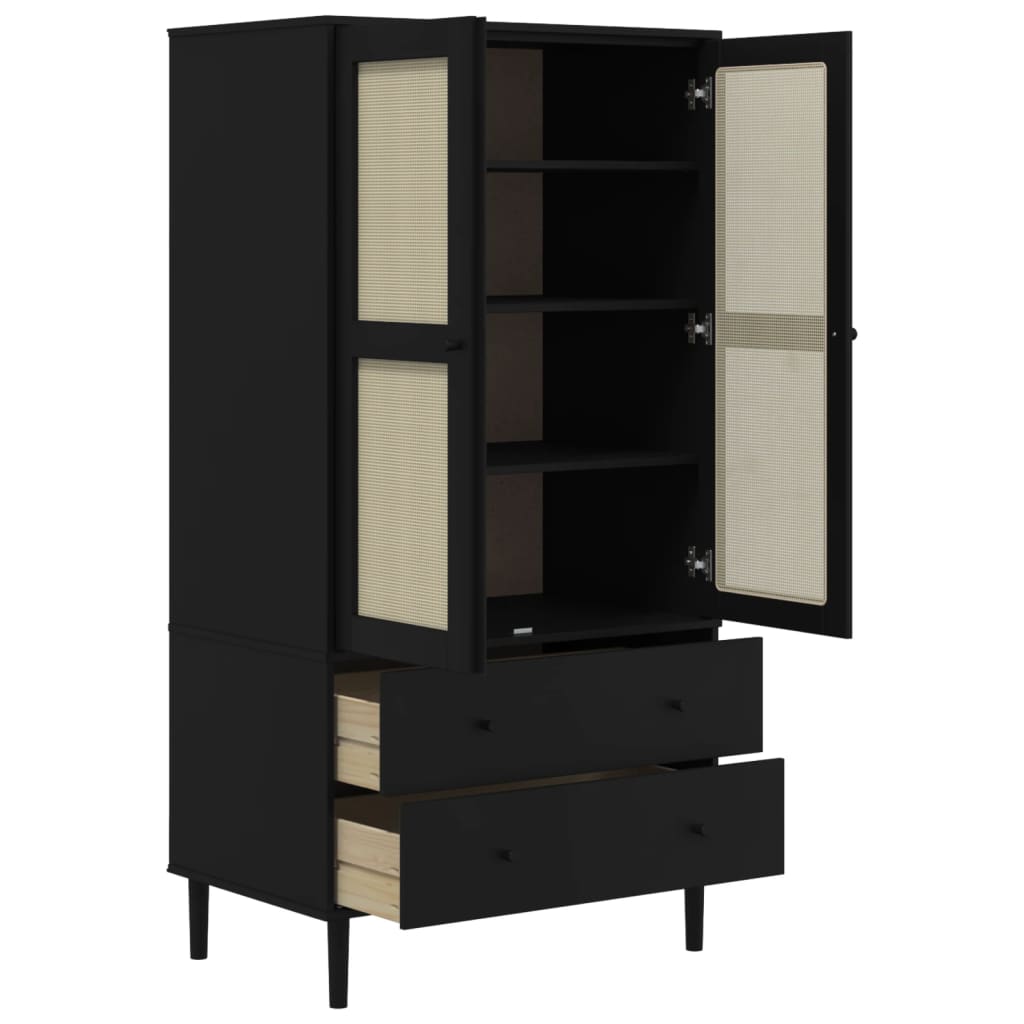 vidaXL Ντουλάπα SENJA Μαύρο / Ρατάν 90 x 55 x 175εκ. Μασίφ Ξύλο Πεύκου