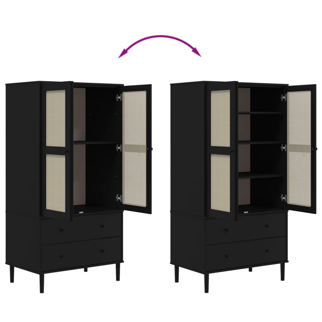 vidaXL Ντουλάπα SENJA Μαύρο / Ρατάν 90 x 55 x 175εκ. Μασίφ Ξύλο Πεύκου