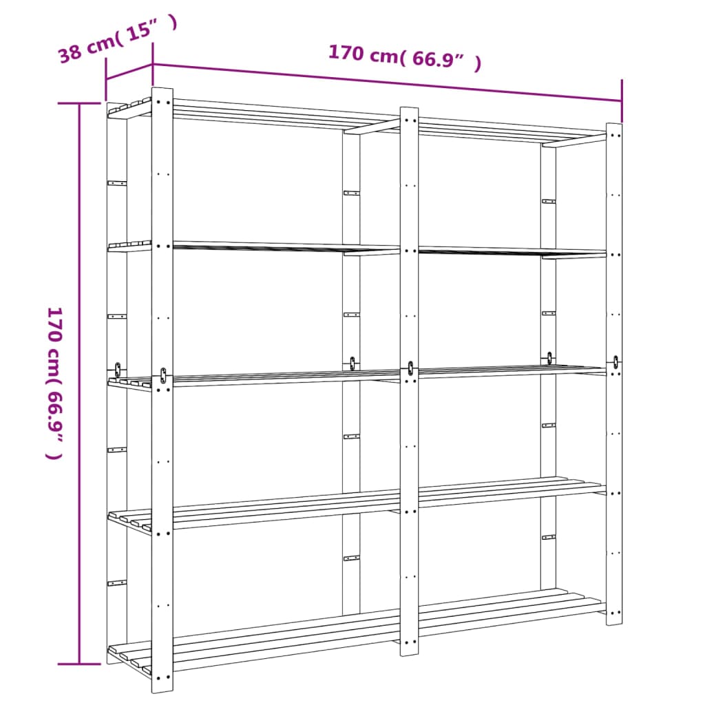 vidaXL Ραφιέρα με 5 Ράφια Μαύρο 170 x 38 x 170 εκ. Μασίφ Ξύλο Πεύκου