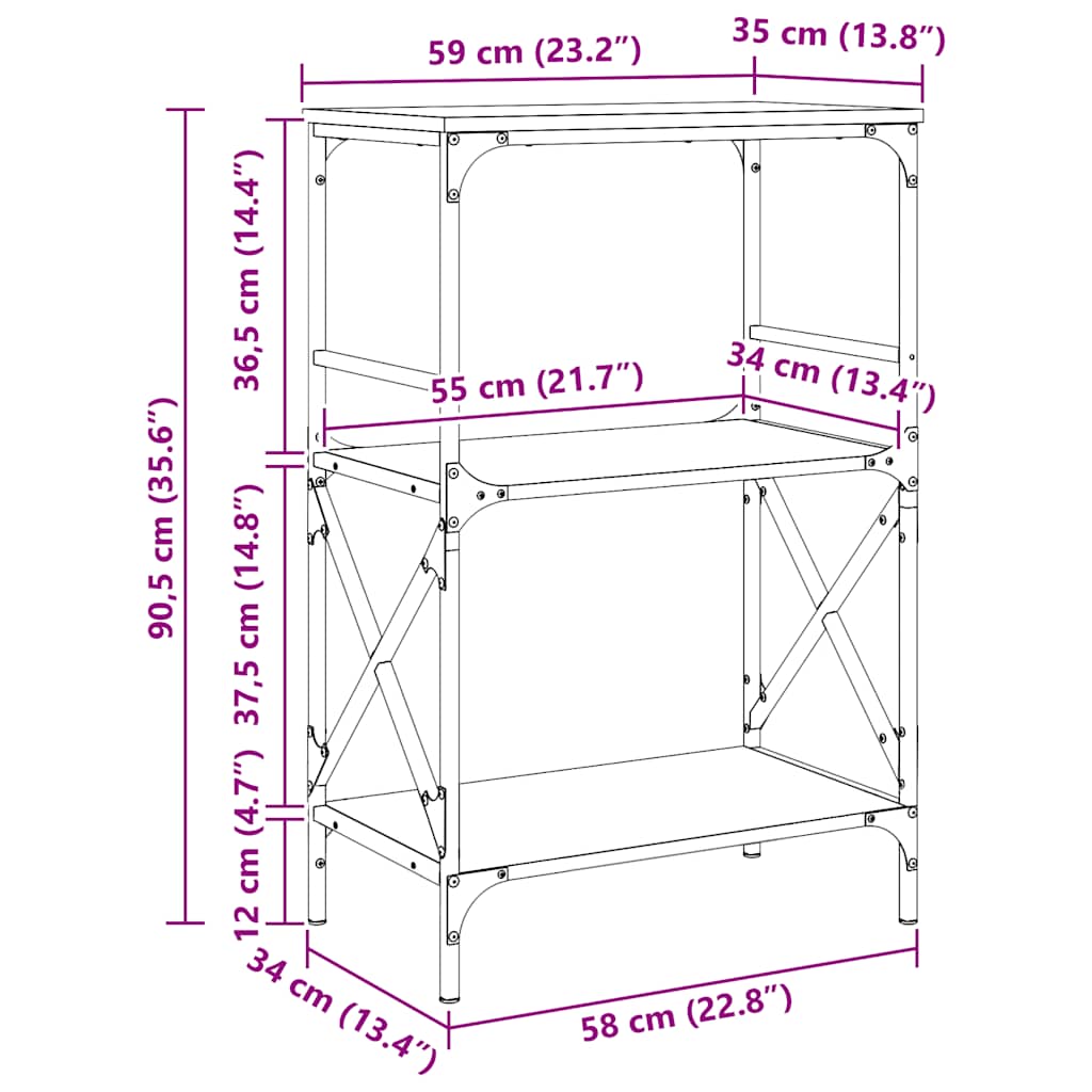 vidaXL Βιβλιοθήκη 3 Επιπέδων Καπνιστή Δρυς 59x35x90,5 εκ Επεξεργ. Ξύλο