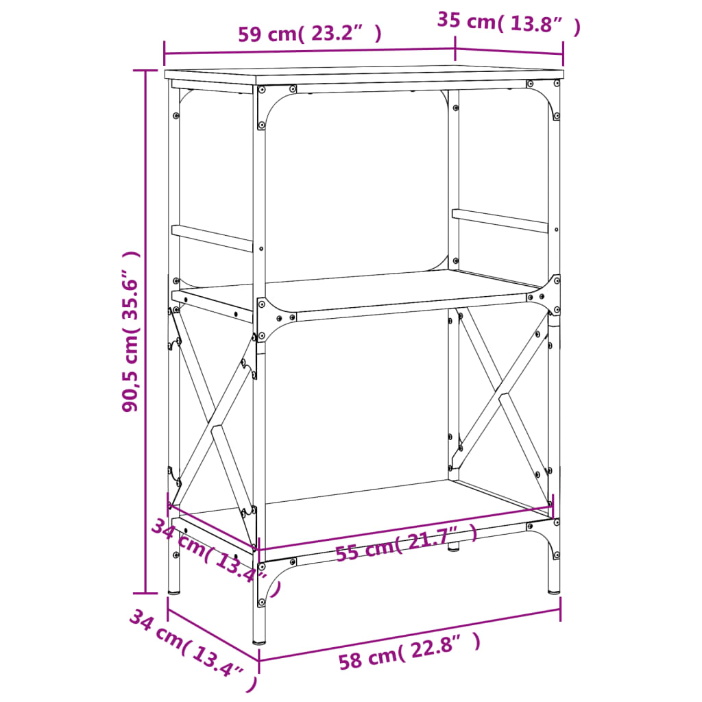 vidaXL Βιβλιοθήκη 3 Επιπέδων Γκρι Sonoma 59x35x90,5 εκ. Επεξεργ. Ξύλο