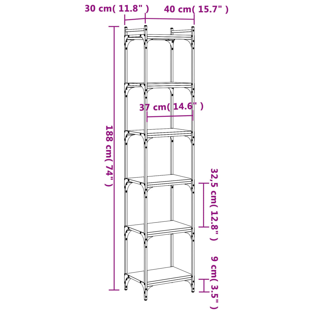 vidaXL Βιβλιοθήκη 6 Επιπέδων Καφέ Δρυς 40 x 30 x 188 εκ. Επεξεργ. Ξύλο