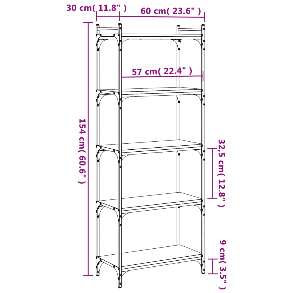 vidaXL Βιβλιοθήκη 5 Επιπέδων Καπνιστή Δρυς 60x30x154 εκ. Επεξεργ. Ξύλο