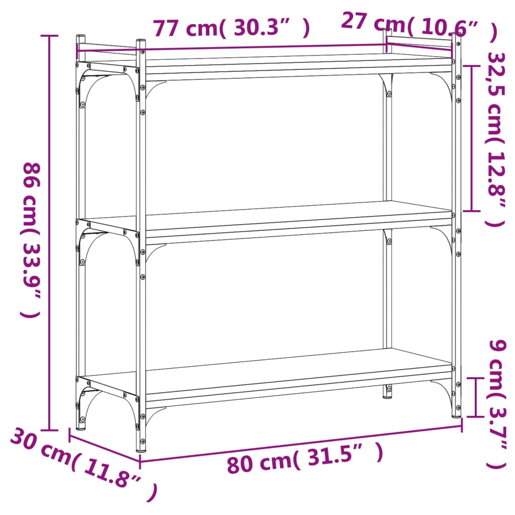 vidaXL Βιβλιοθήκη 3 Επιπέδων Μαύρη 80 x 30 x 86 εκ. από Επεξεργ. Ξύλο