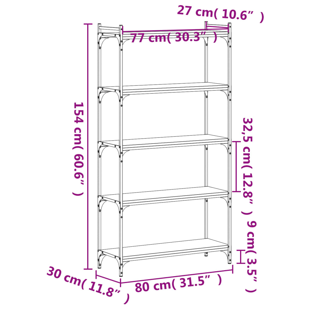 vidaXL Βιβλιοθήκη 5 Επιπέδων Sonoma Δρυς 80x30x154 εκ. Επεξεργ. Ξύλο