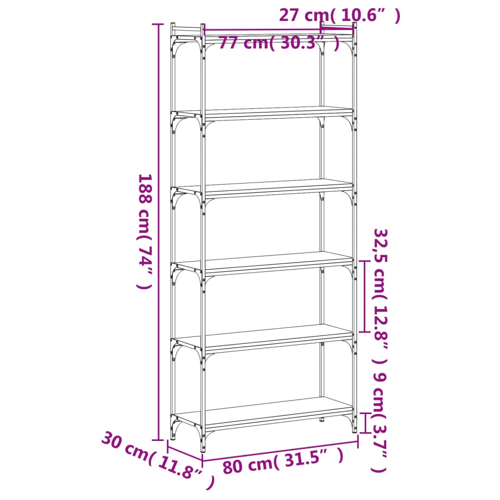 vidaXL Βιβλιοθήκη 6 Επιπέδων Sonoma Δρυς 80x30x188 εκ. Επεξεργ. Ξύλο