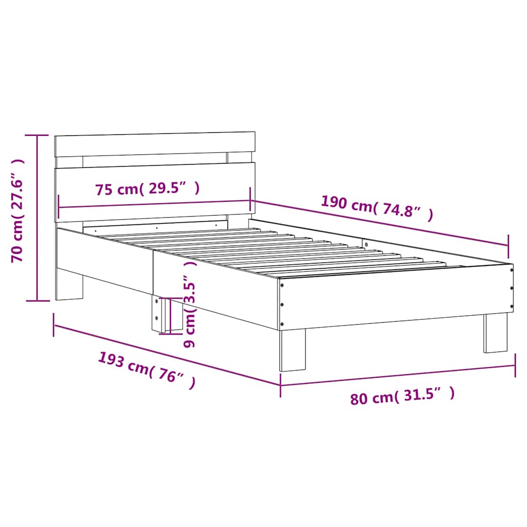 vidaXL Πλαίσιο Κρεβατιού με Κεφαλάρι Sonoma Δρυς 75x190 εκ. Επεξ. Ξύλο