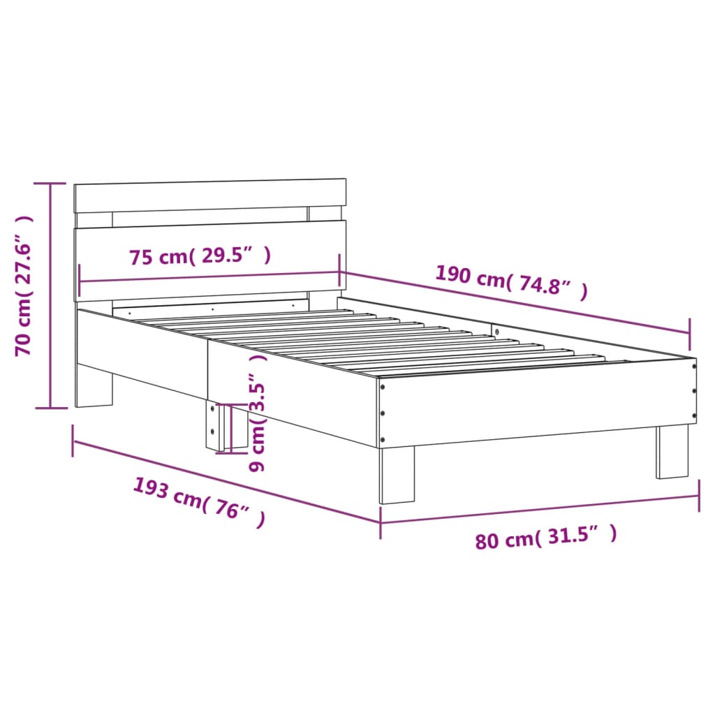 vidaXL Πλαίσιο Κρεβατιού με Κεφαλάρι Γκρι Sonoma 75x190 εκ. Επεξ. Ξύλο