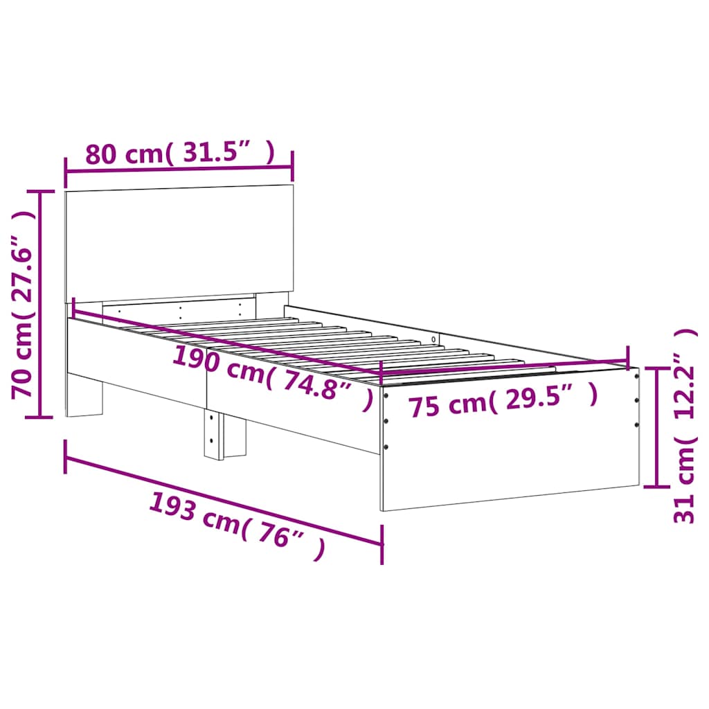 vidaXL Πλαίσιο Κρεβατιού με Κεφαλάρι Sonoma Δρυς 75x190 εκ. Επεξ. Ξύλο