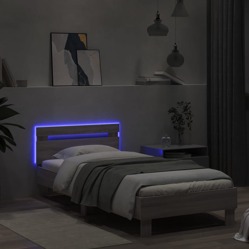vidaXL Πλαίσιο Κρεβατιού με Κεφαλάρι και LED Γκρι sonoma 90 x 190 εκ.