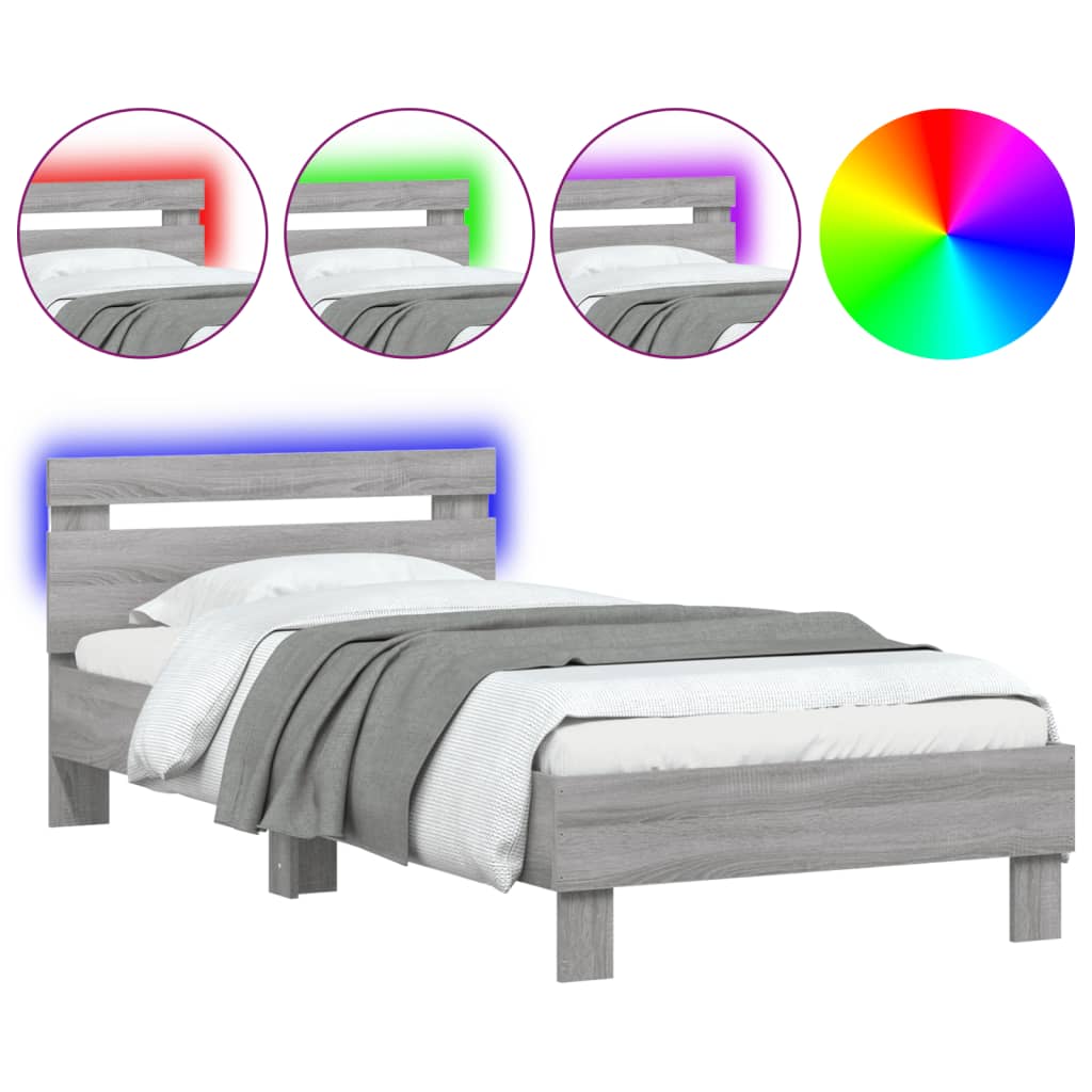 vidaXL Πλαίσιο Κρεβατιού με Κεφαλάρι και LED Γκρι sonoma 75 x 190 εκ.