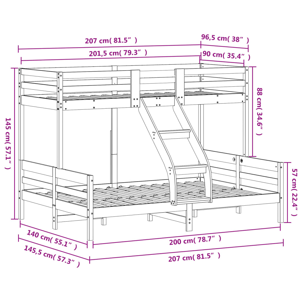 vidaXL Κουκέτα 90x200/140x200 εκ. Λευκό από Μασίφ Ξύλο Πεύκου
