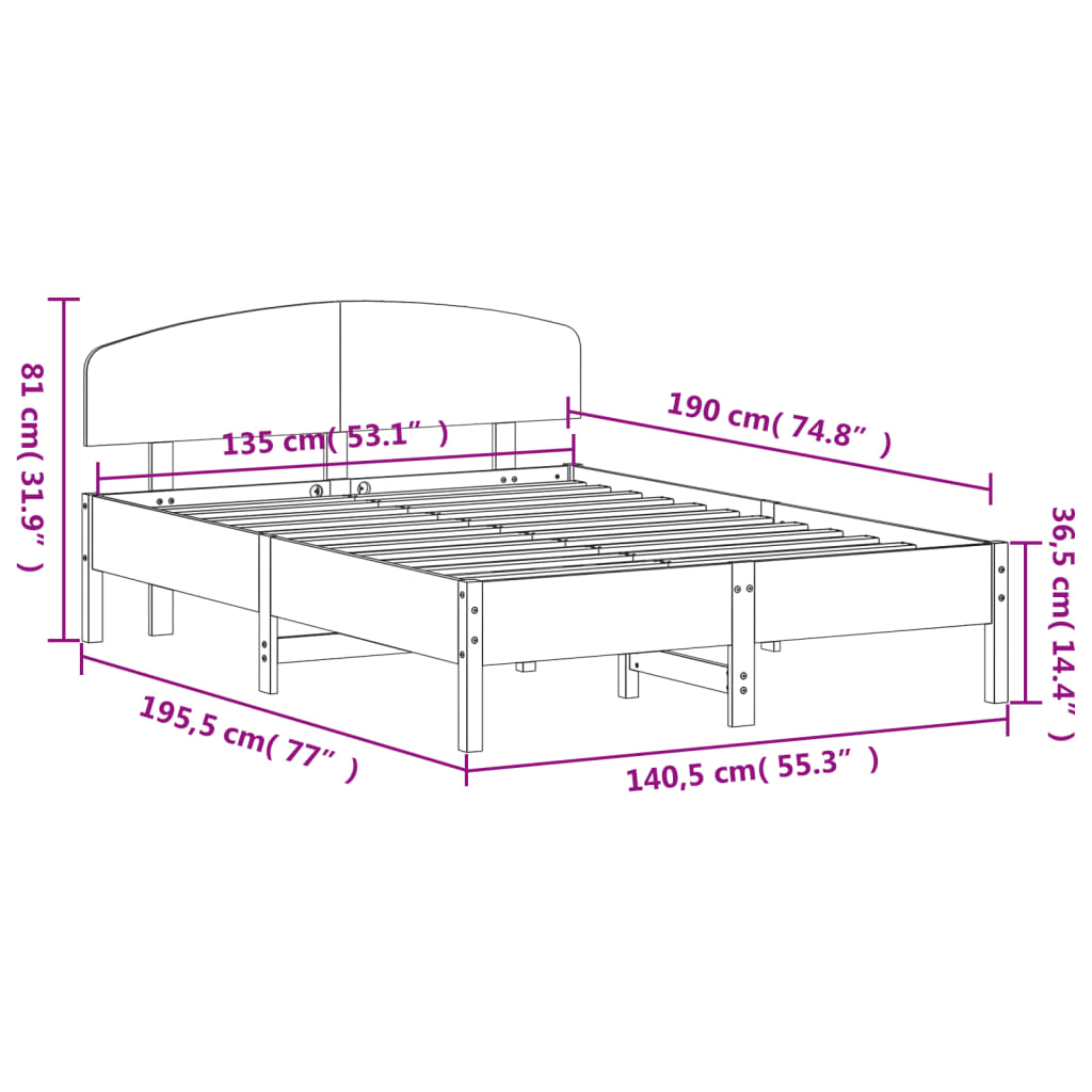 vidaXL Σκελετός Κρεβ. Χωρίς Στρώμα Καφέ Κεριού 135x190 εκ Μασίφ Πεύκο