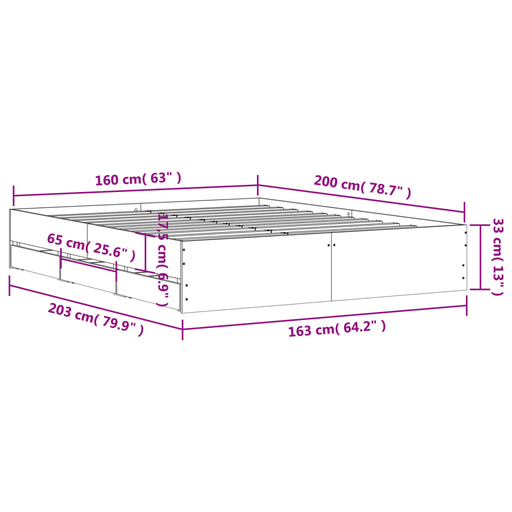 vidaXL Πλαίσιο Κρεβατιού με Συρτάρια Μαύρο 160x200 εκ Επεξεργ. Ξύλο