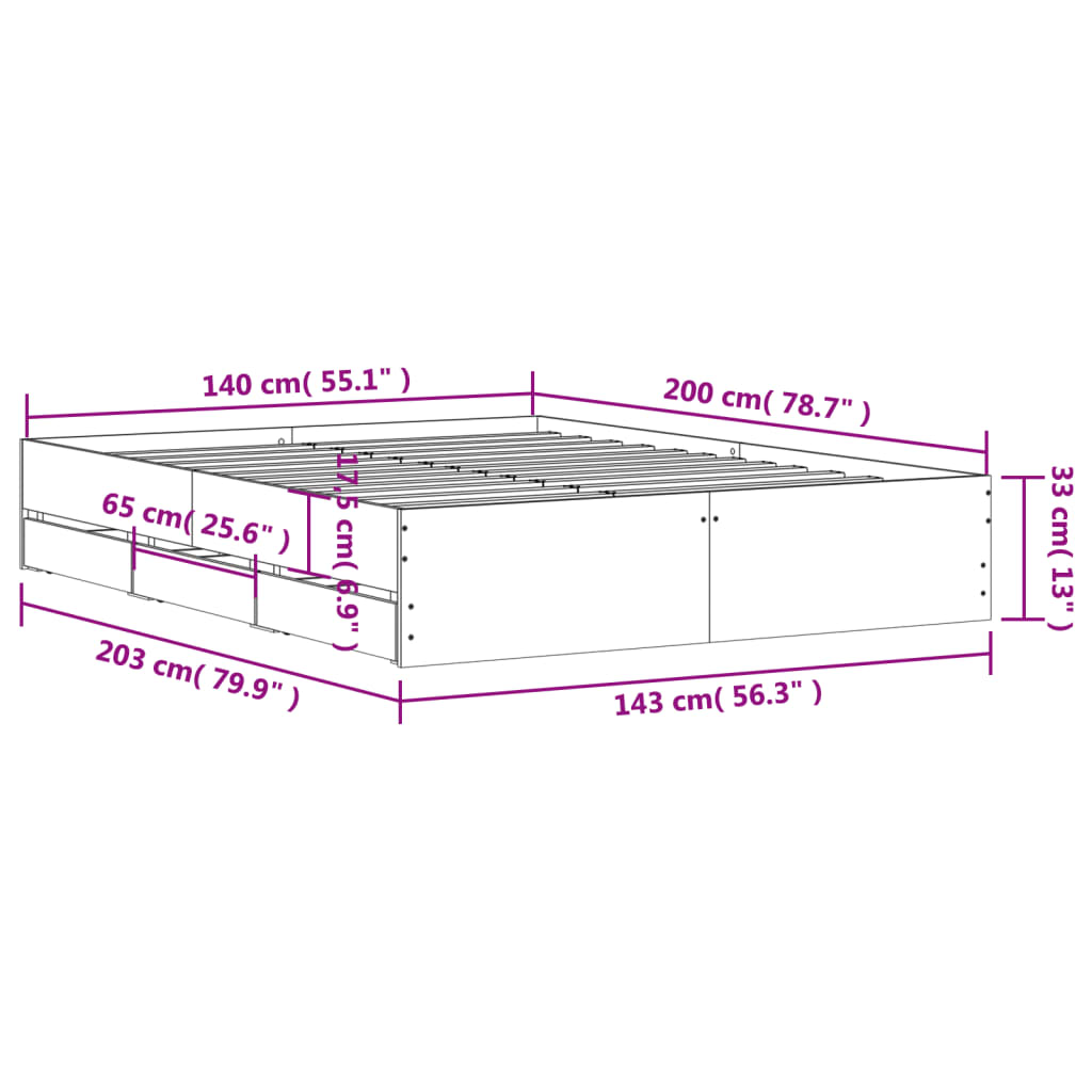 vidaXL Πλαίσιο Κρεβατιού με συρτάρια Sonoma Δρυς 140x200εκ. Επεξ. Ξύλο