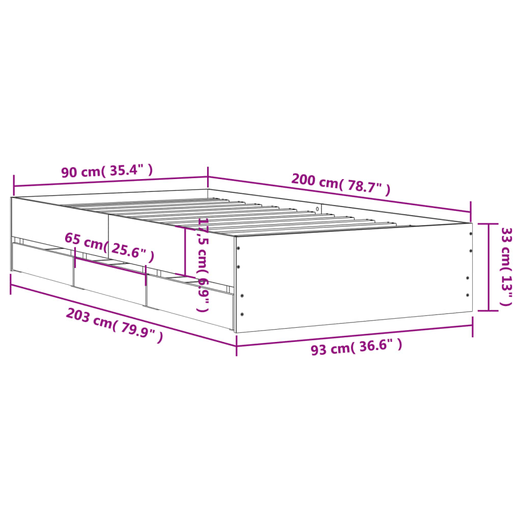 vidaXL Πλαίσιο Κρεβατιού με συρτάρια Γκρι sonoma 90x200εκ. Επεξ. Ξύλο
