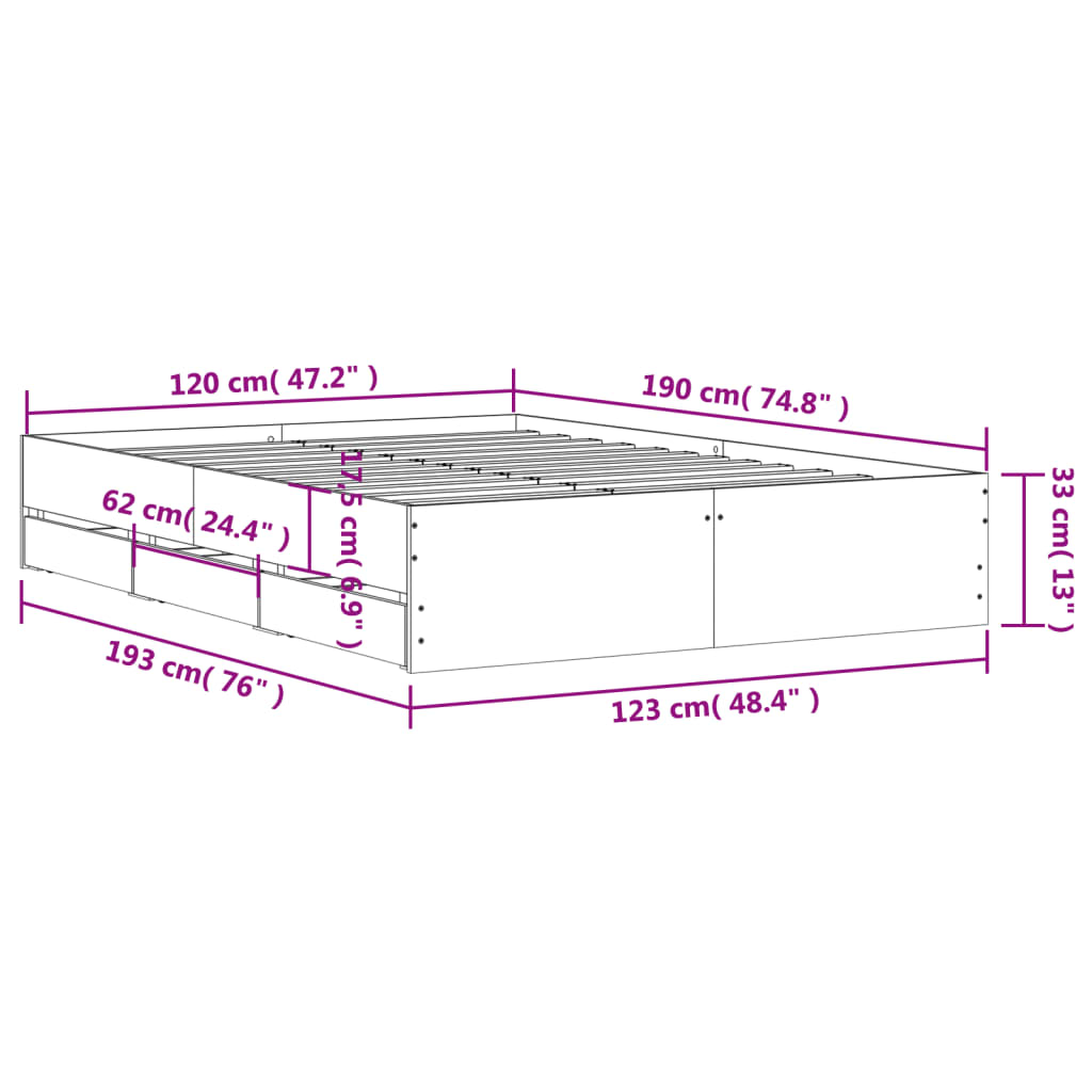 vidaXL Πλαίσιο Κρεβατιού με συρτάρια Καφέ δρυς 120x190εκ.Επεξ. Ξύλο