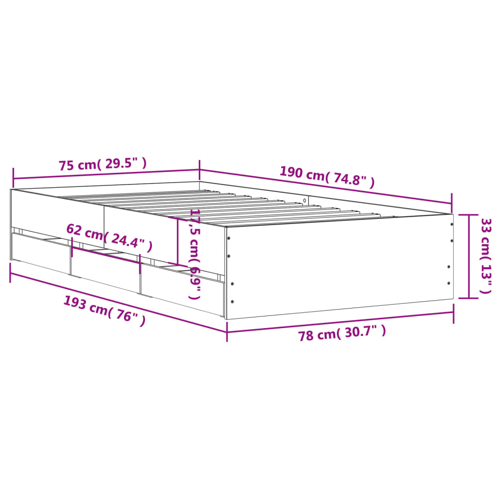 vidaXL Πλαίσιο Κρεβατιού με Συρτάρια Sonoma Δρυς 75x190 εκ. Επεξ. Ξύλο