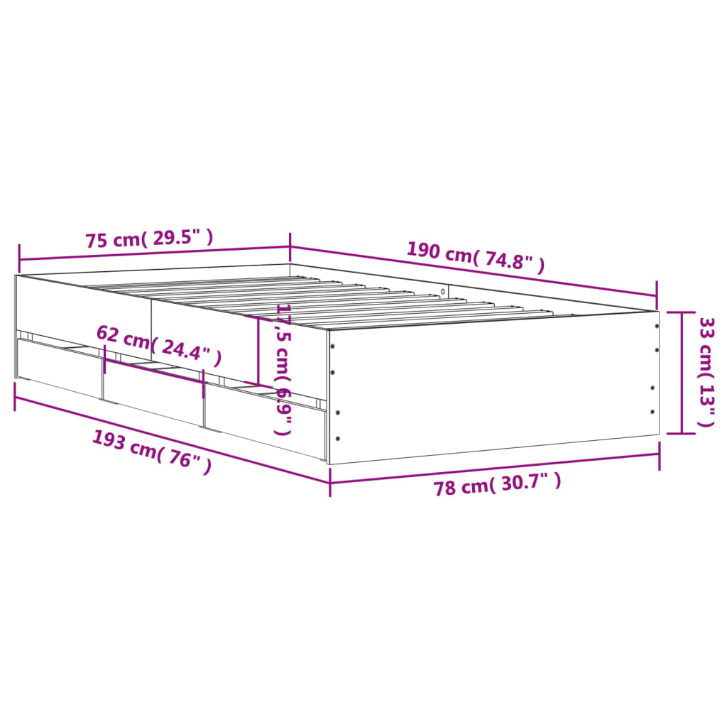 vidaXL Πλαίσιο Κρεβατιού με Συρτάρια Καφέ Δρυς 75x190 εκ.