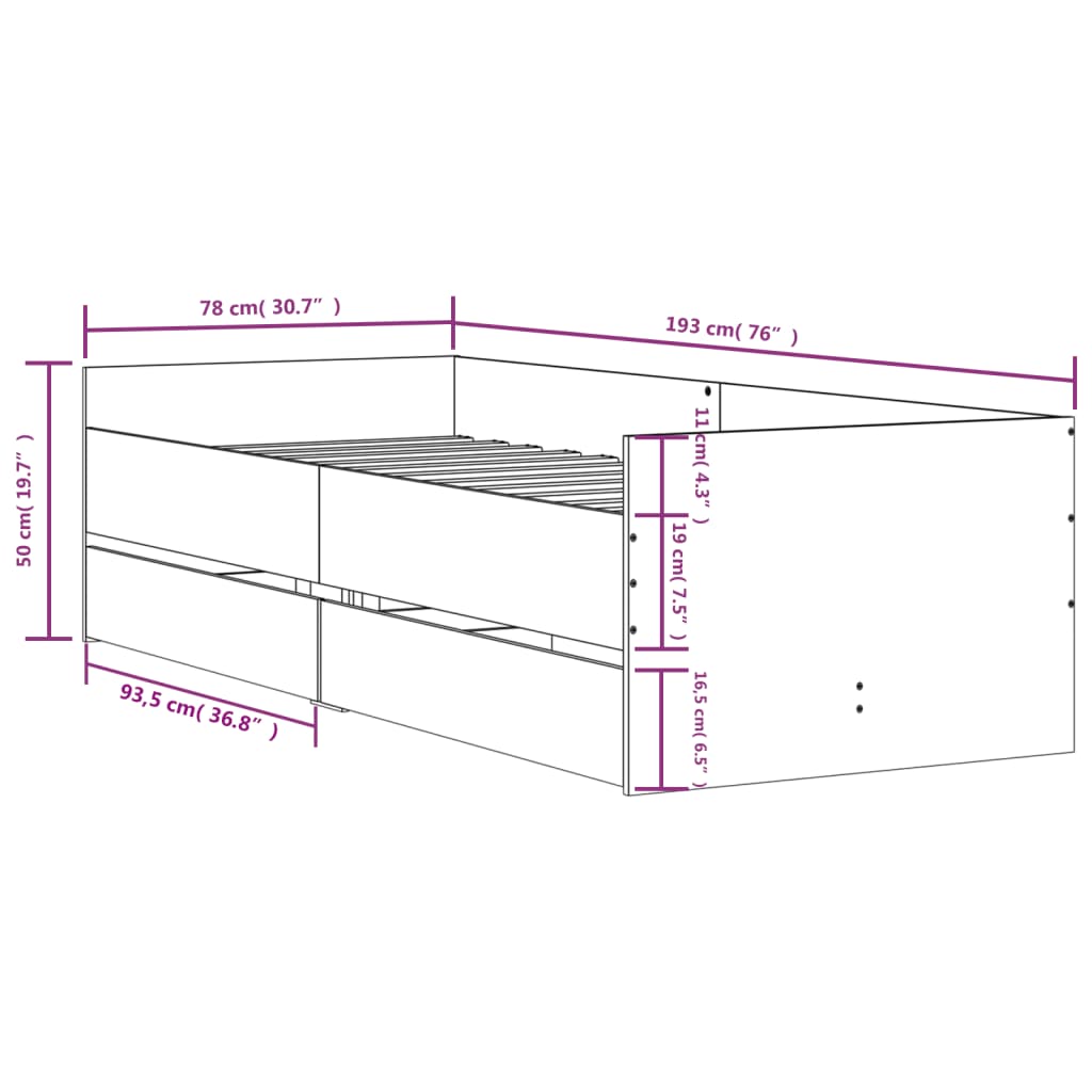 vidaXL Πλαίσιο Κρεβατιού Με Συρτάρια Δρυς 75x190 εκ Small Single
