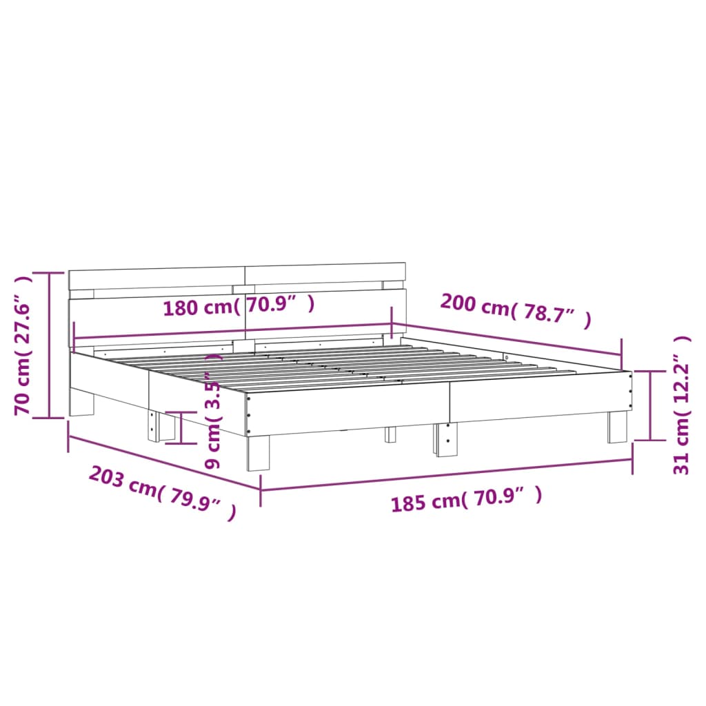 vidaXL Πλαίσιο Κρεβατιού με Κεφαλάρι Μαύρο 180x200εκ. Μασίφ Επεξ. Ξύλο