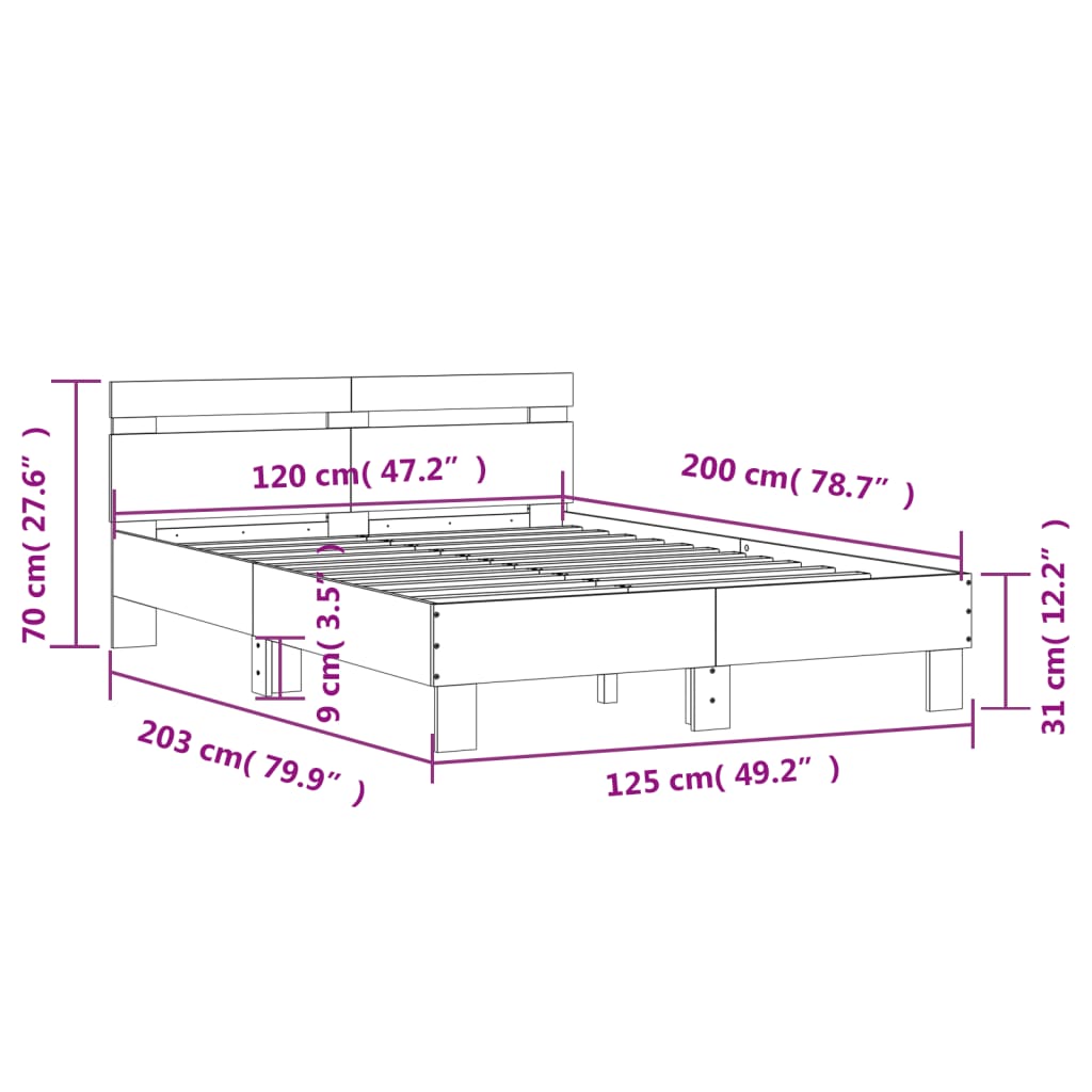 vidaXL Πλαίσιο Κρεβατιού με Κεφαλάρι Μαύρο120x200εκ.Επεξεργασμένο Ξύλο