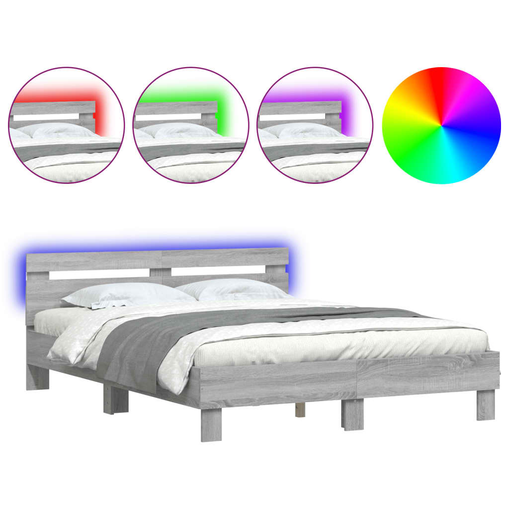 vidaXL Πλαίσιο Κρεβατιού με Κεφαλάρι/LED Γκρι Sonoma 150x200 εκ.
