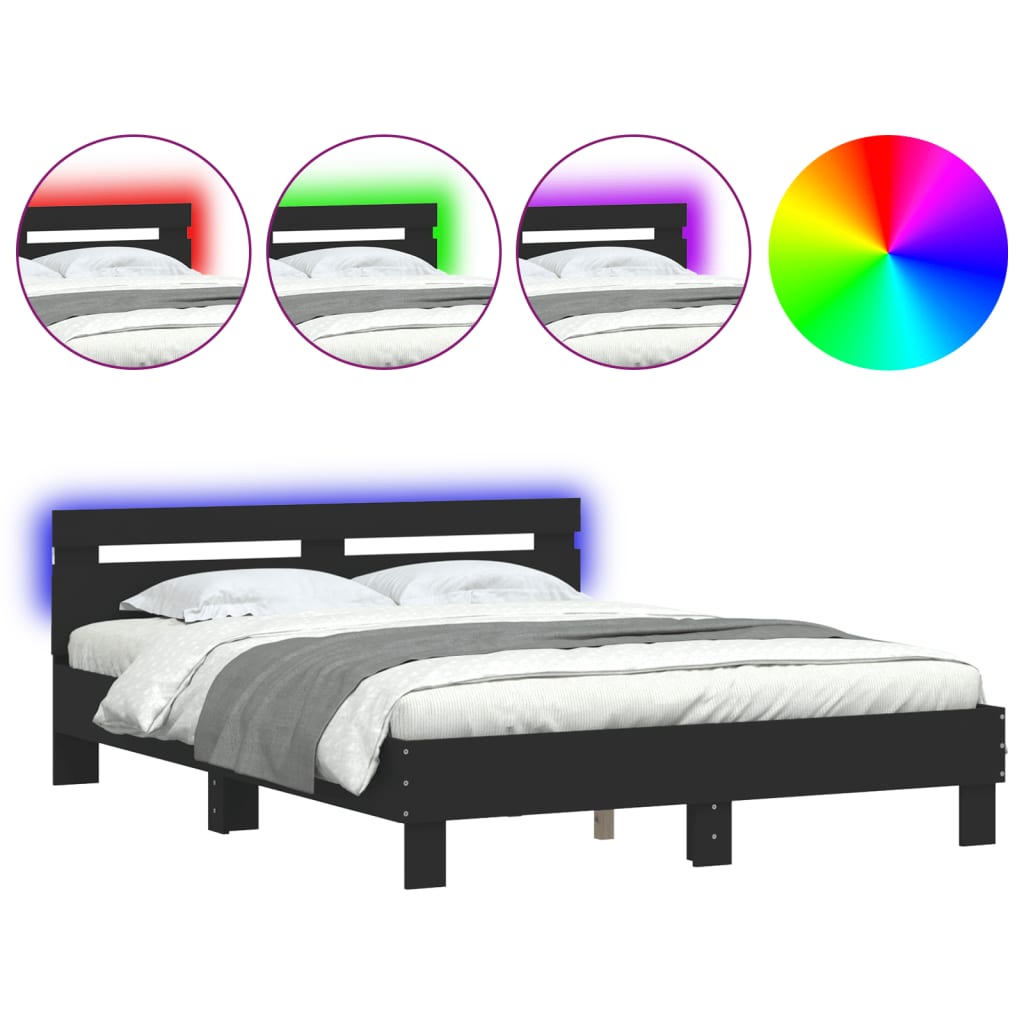 vidaXL Πλαίσιο Κρεβατιού με Κεφαλάρι/LED Μαύρο 140x190 εκ.