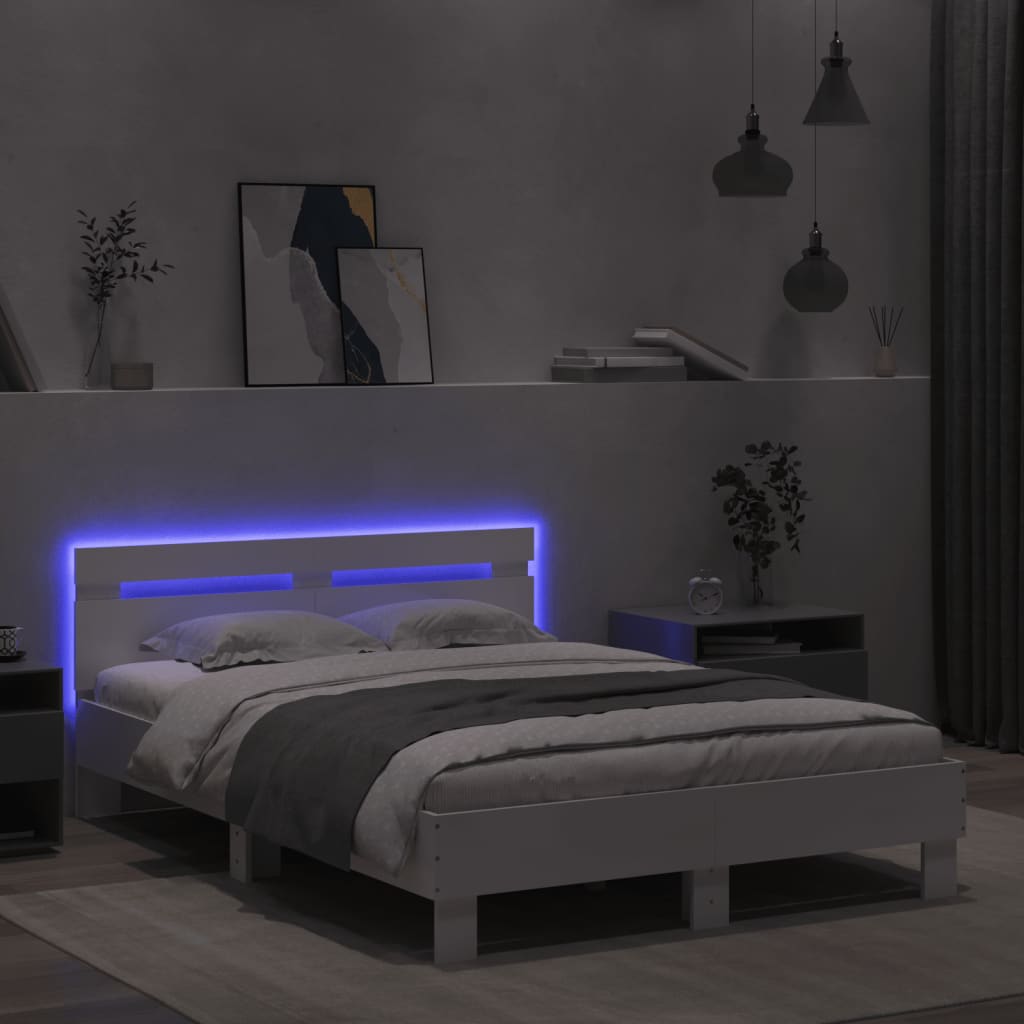 vidaXL Πλαίσιο Κρεβατιού με Κεφαλάρι / LED Λευκό 135 x 190 εκ.