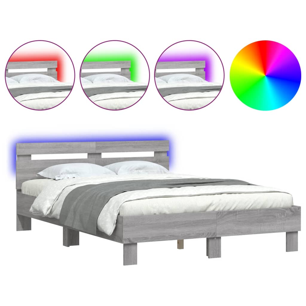 vidaXL Πλαίσιο Κρεβατιού με Κεφαλάρι/LED Γκρι Sonoma 135x190 εκ.