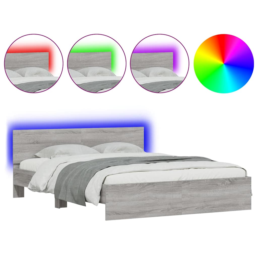 vidaXL Πλαίσιο Κρεβατιού με Κεφαλάρι/LED Γκρι Sonoma 150x200 εκ.