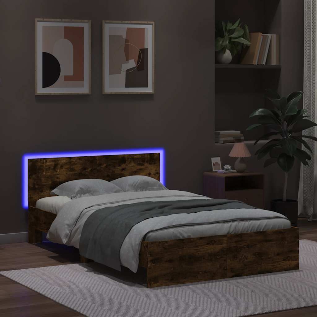 vidaXL Πλαίσιο Κρεβατιού με Κεφαλάρι/LED Καπν. Δρυς 140x190 εκ.