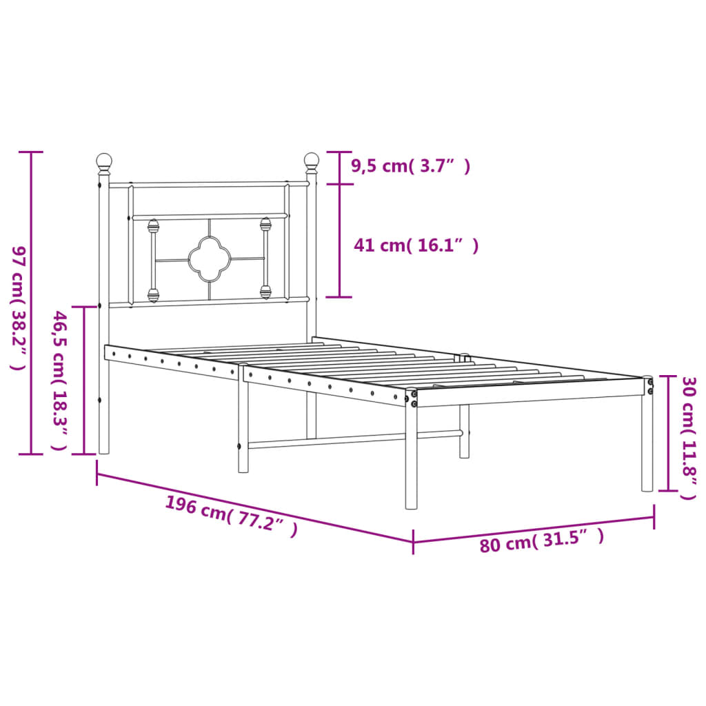 vidaXL Πλαίσιο Κρεβατιού με Κεφαλάρι Μαύρο 75 x 190 εκ. Μεταλλικό