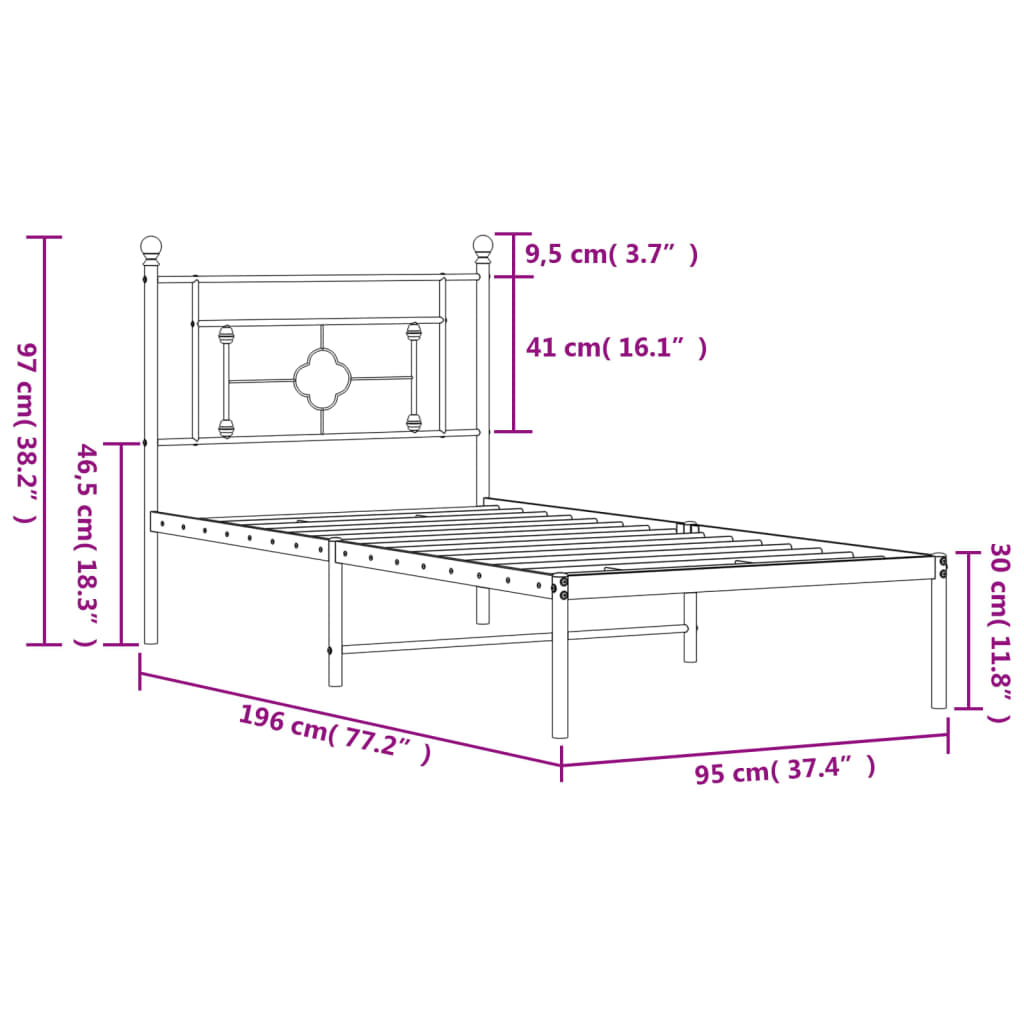 vidaXL Πλαίσιο Κρεβατιού με Κεφαλάρι Μαύρο 90 x 190 εκ. Μεταλλικό