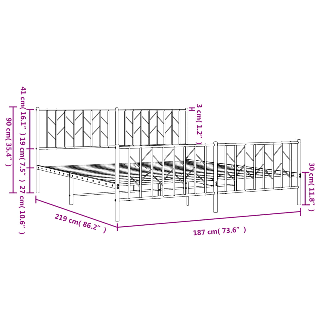 vidaXL Πλαίσιο Κρεβατιού με Κεφαλάρι&Ποδαρικό Μαύρο 183x213εκ. Μέταλλο