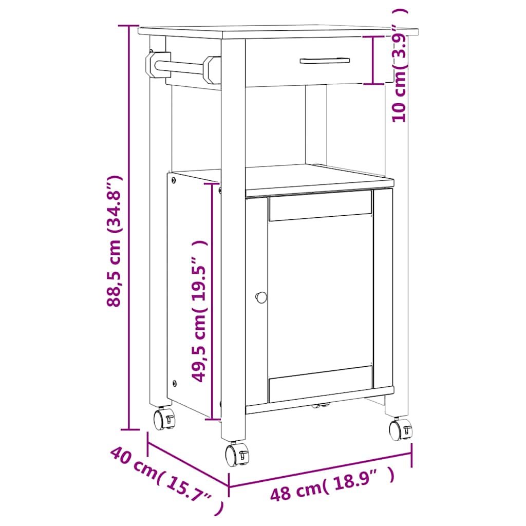 vidaXL Τρόλεϊ Κουζίνας MONZA 48x40x88,5 εκ. από Μασίφ Ξύλο Πεύκου
