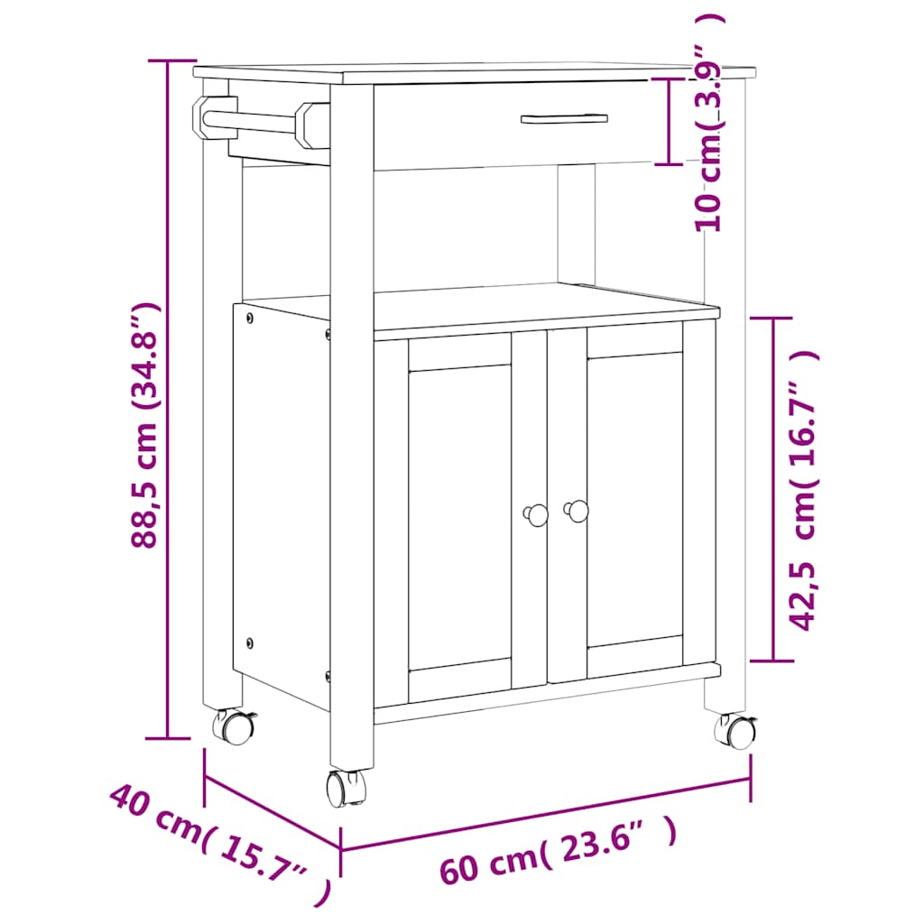 vidaXL Τρόλεϊ Κουζίνας MONZA 60x40x88,5 εκ. από Μασίφ Ξύλο Πεύκου