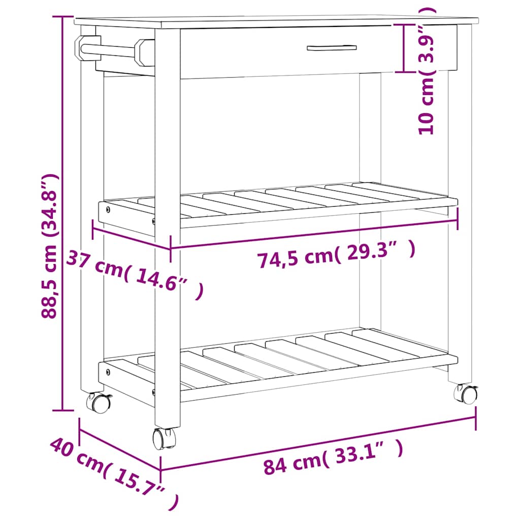 vidaXL Τρόλεϊ Κουζίνας MONZA 84 x 40 x 88,5 εκ. από Μασίφ Ξύλο Πεύκου