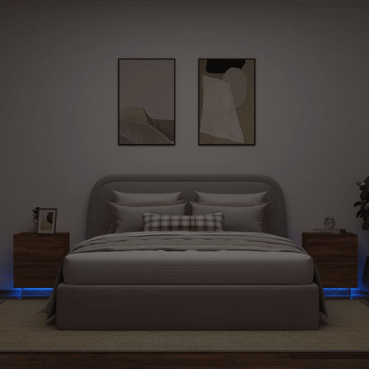 vidaXL Κομοδίνα με Φώτα LED 2 τεμ. Καφέ Δρυς από Επεξεργασμένο Ξύλο