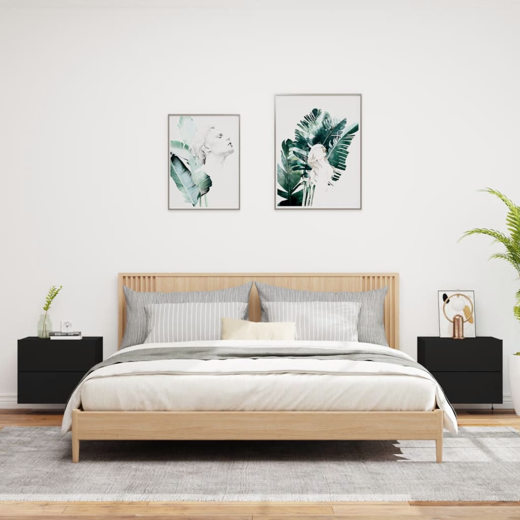 vidaXL Κομοδίνα Επιτοίχια με Φώτα LED 2 τεμ. Μαύρα