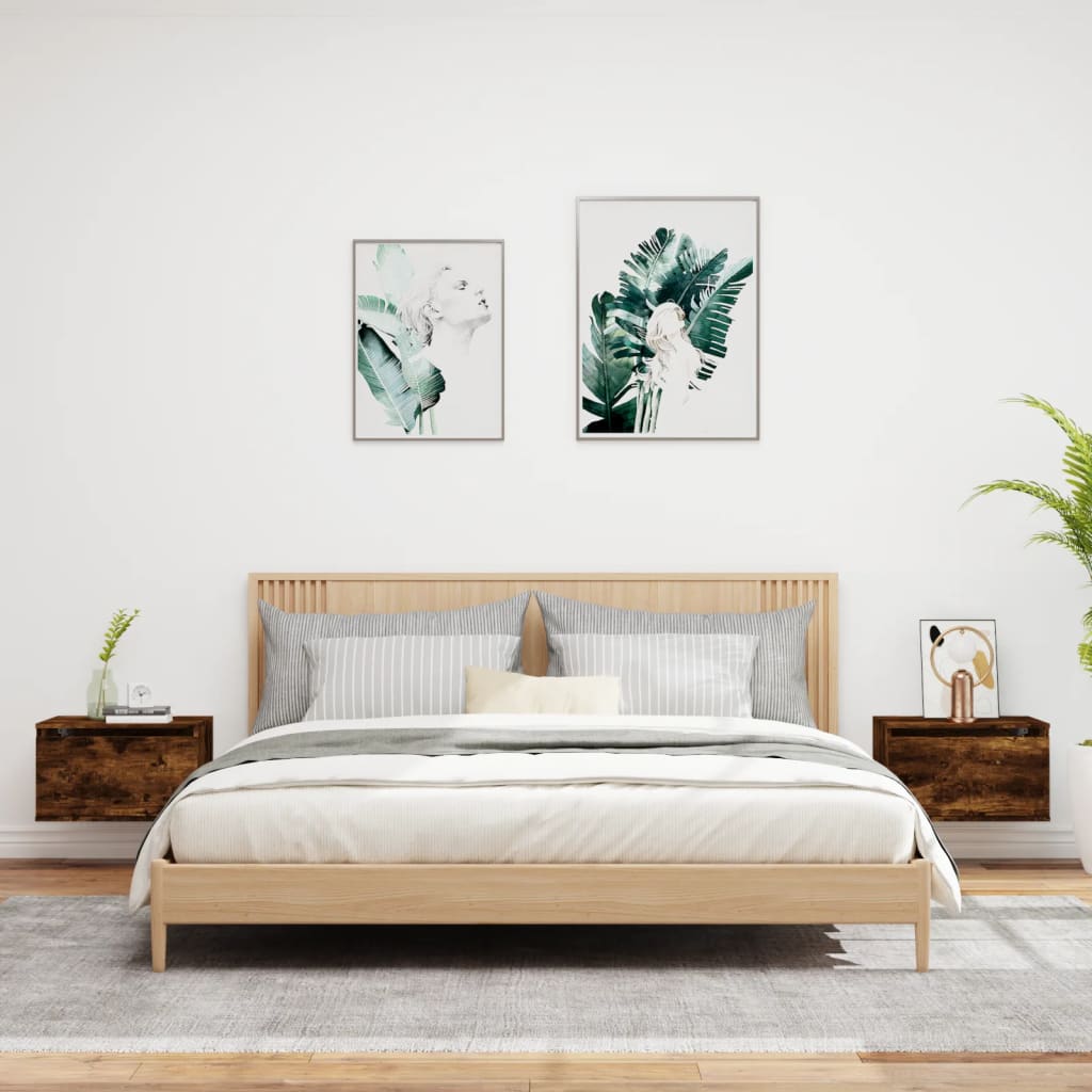 vidaXL Κομοδίνα Επιτοίχια με Φώτα LED 2 τεμ. Καπνιστή Δρυς