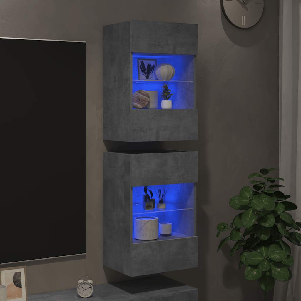 vidaXL Κρεμαστά ντουλάπια με φώτα LED για τηλεόραση 2 Τεμ Γκρι Σκυροδέματος 40x30x60,5 εκ.