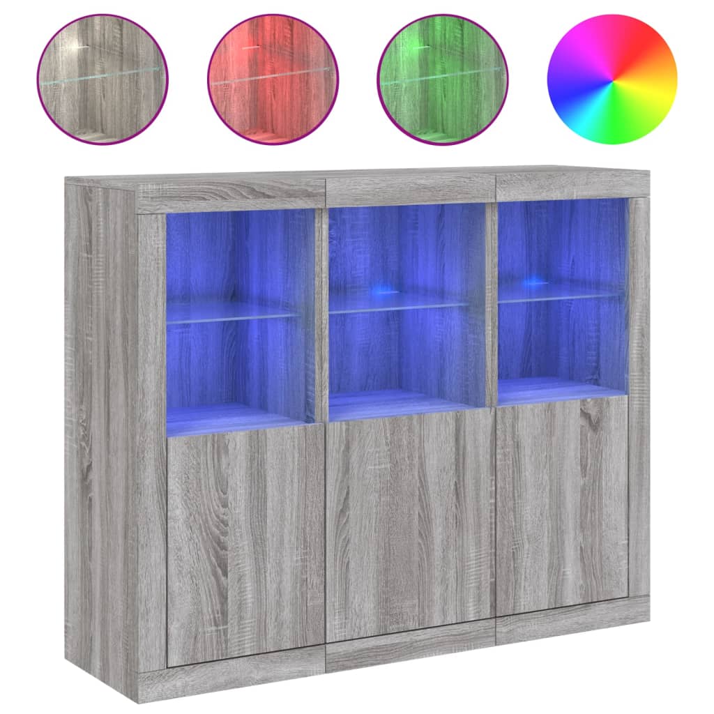 vidaXL Μπουφέδες με Φώτα LED 3 τεμ. Γκρι Sonoma από Επεξεργασμένο Ξύλο