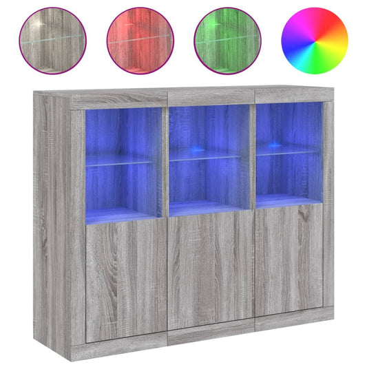 vidaXL Μπουφέδες με Φώτα LED 3 τεμ. Γκρι Sonoma από Επεξεργασμένο Ξύλο