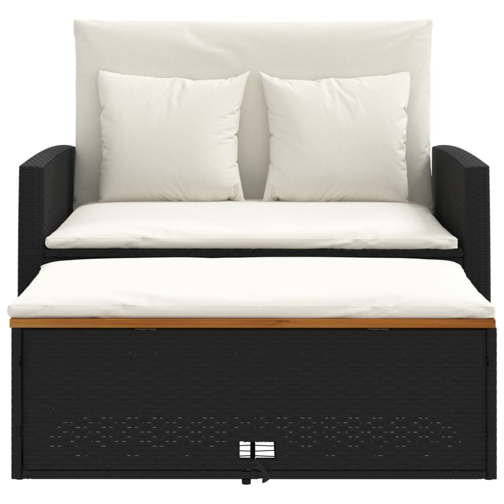 vidaXL Καναπές Κήπου Διθέσιος Μαύρο Συνθετικό Ρατάν/Ακακία + Μαξιλάρια